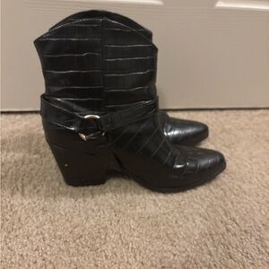 JustFab Black Croc-Embossed Western Ankle Boots with Buckle